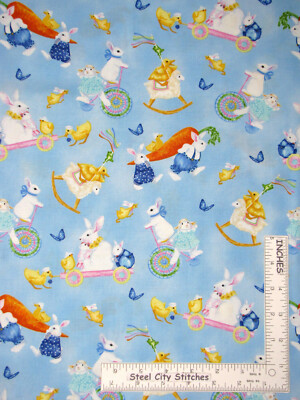 Easter Bunny Chick Sheep Toss Blue Cotton Fabric by Henry Glass Parade Yard