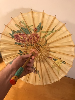Vintage Chinese China Hand-Painted Paper Bamboo Umbrella #1 birds flowers 15