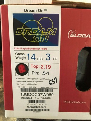 14 LB GLOBAL 900 DREAM ON BOWLING BALL UNDRILLED BRAND NEW IN BOX NICE BALL