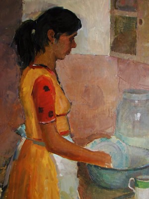 Ukrainian Soviet Oil Painting female Portrait realism girl kitchen 