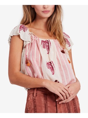 

Женский крестьянский топ цвета слоновой кости с вышивкой FREE PEOPLE с короткими рукавами и круглым вырезом, Цвет слоновой кости