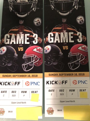 pittsburgh steelers vs kansas city chiefs - 2 Tickets - Sec 523 Row P- 9/16