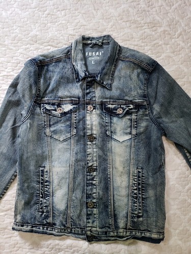 FUSAI Jean Jacket Men's L Distressed Stretch Denim Multiple Pockets Buttons