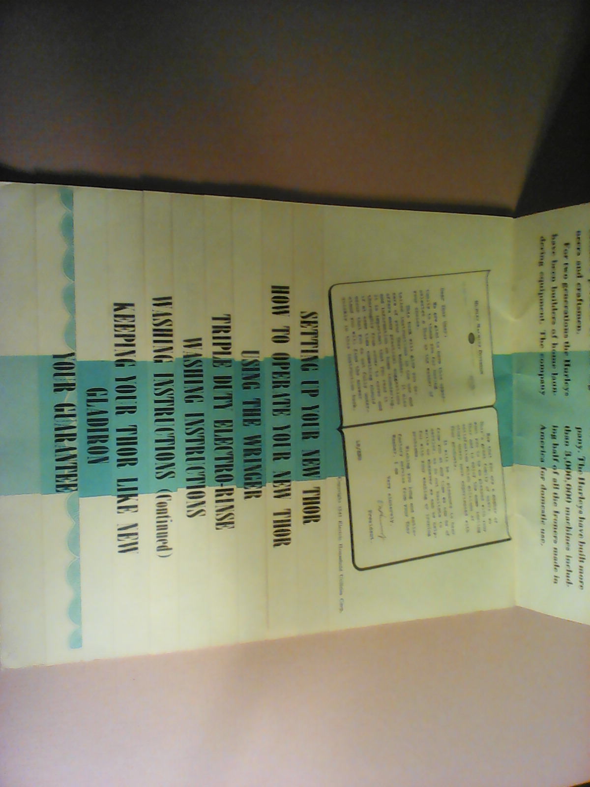 Vintage washing machine instructions from Thor Home Laundry Equipment 1941