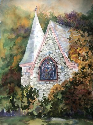 Vintage Art ORIGINAL watercolor Painting SIGNED Dated JOAN PERRY Chapel 15 x 22 