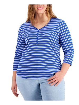 

STYLE - COMPANY Женский синий топ в полоску стрейч с рукавами 3/4 и V-образным вырезом Plus