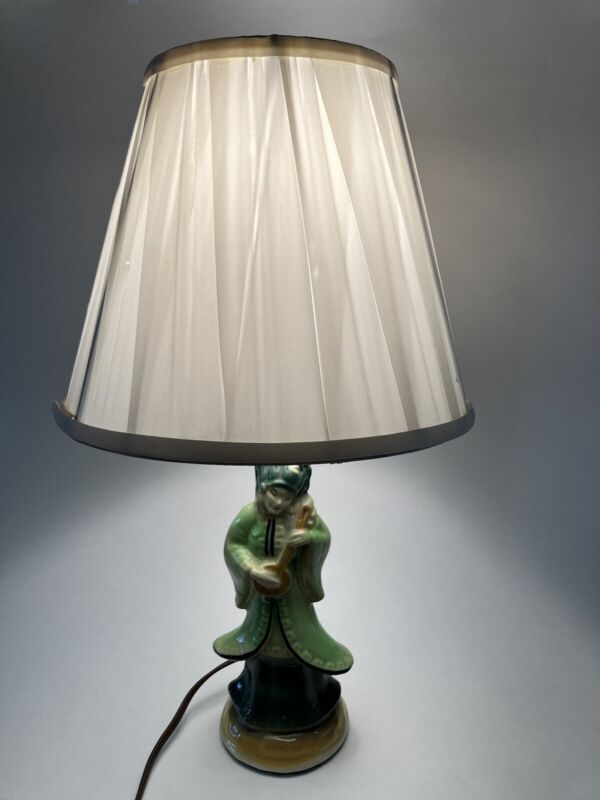 Mcm Vintage Asian Table Lamp W/ Oriental Lady Playing Lute Mid Century Modern
