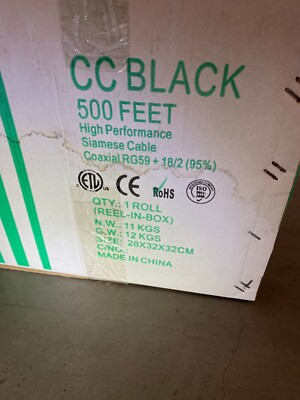 379 Feet Black SIAMESE RG59 COAX+18/2 CABLE for CCTV  ETL, CE, RoHS