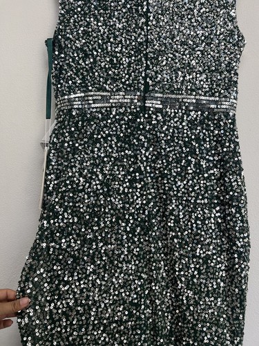 Pre-owned Mac Duggal Cap Sleeve Sequined High Slit V Neck Belted Gown Size 10 Green 5489