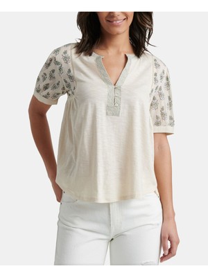 

LUCKY BRAND Женская бежевая туника с вышивкой и короткими рукавами и V-образным вырезом. Размер верха, Бежевый