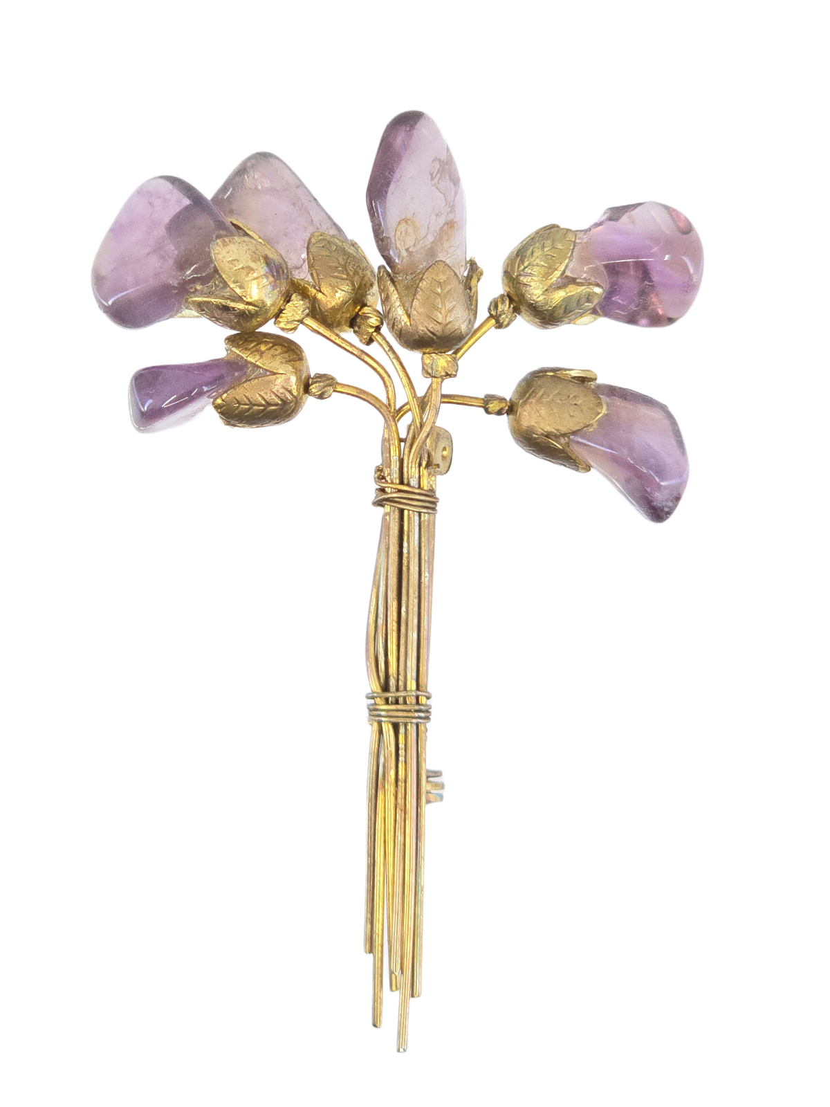 VTG NATURAL AMETHYST GEMSTONE FLOWER BOUQUET DESIGN WIRE WORK GOLD TONE BROOCH