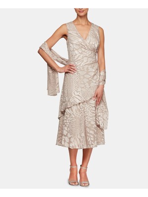 

ALEX EVENINGS Женское бежевое вечернее платье миди без рукавов с V-образным вырезом Размер, Бежевый