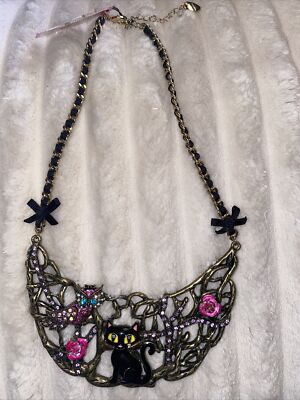 New Betsey Johnson Enchanted Forest Cat Owl Half Moon Necklace