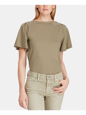 

Женская зеленая футболка в тонкую полоску с короткими рукавами RALPH LAUREN, миниатюрного размера, Зеленый