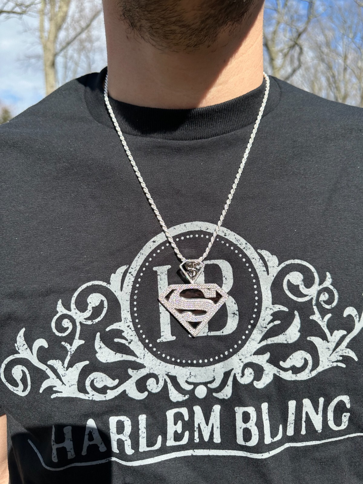Pre-owned Harlembling Moissanite Real 925 Silver/gold Plated Iced Superman Superhero Pendant Necklace In White