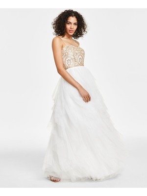 SAY YES TO THE Womens Ivory Tulle Lined Up Back Mesh Formal Dress 0