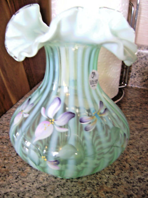 FENTON - K. BUSKIRK (HP) RARE GREEN OPAL RIB OPTIC WAVE CREST VASE - LE #13
