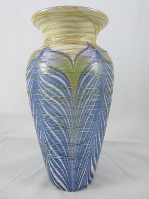 Rare Durand Pulled Feather Threaded Art Glass Vase Spider Webbing 9