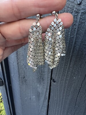 Vintage Silver Liquid Metal Mesh Earrings lightweight dangle long metallic flowy