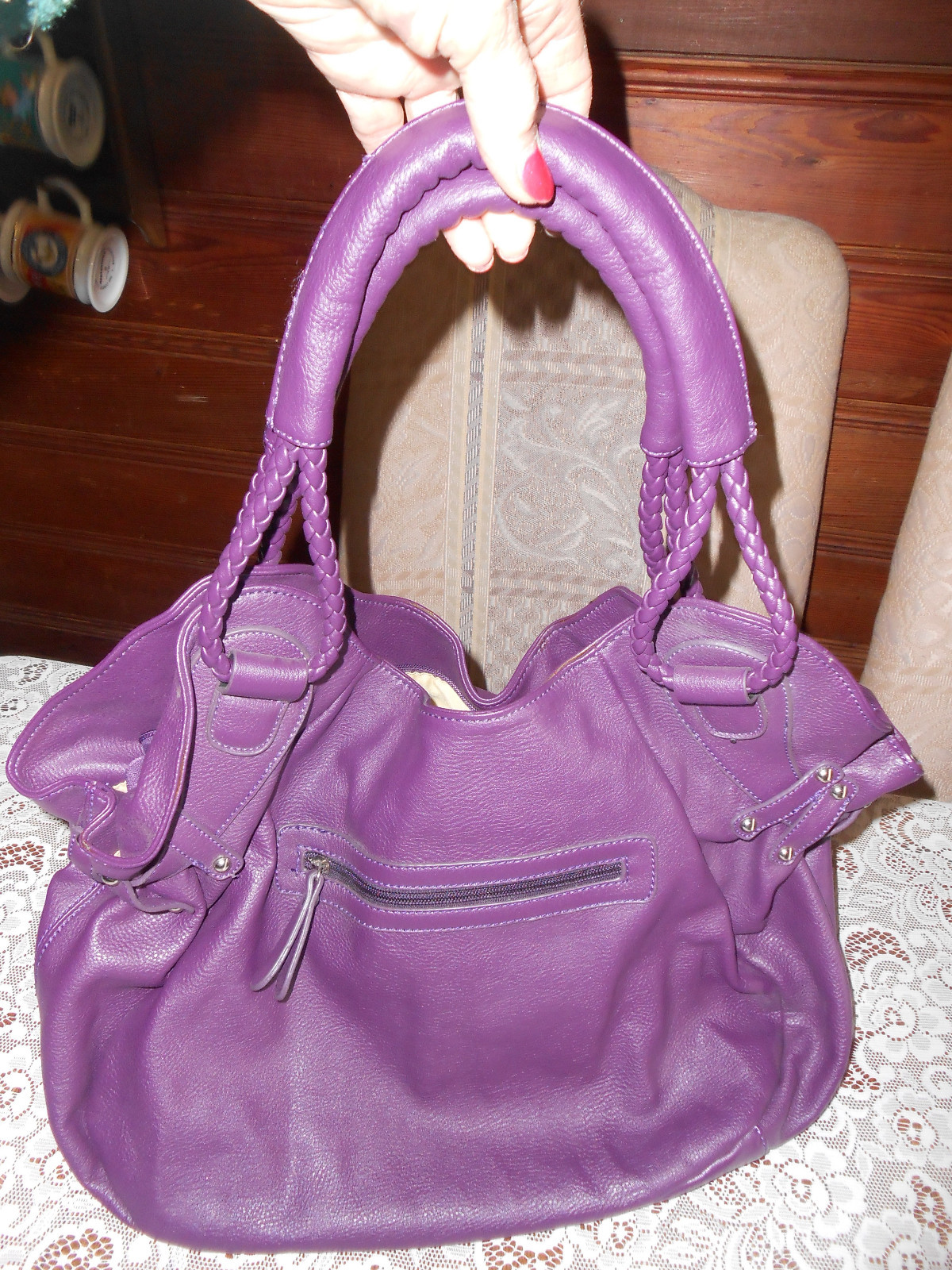 PURPLE HANDBAG “LARGE” WITH SILVERTONE BLING HANDLE HAS BRAID NWOT