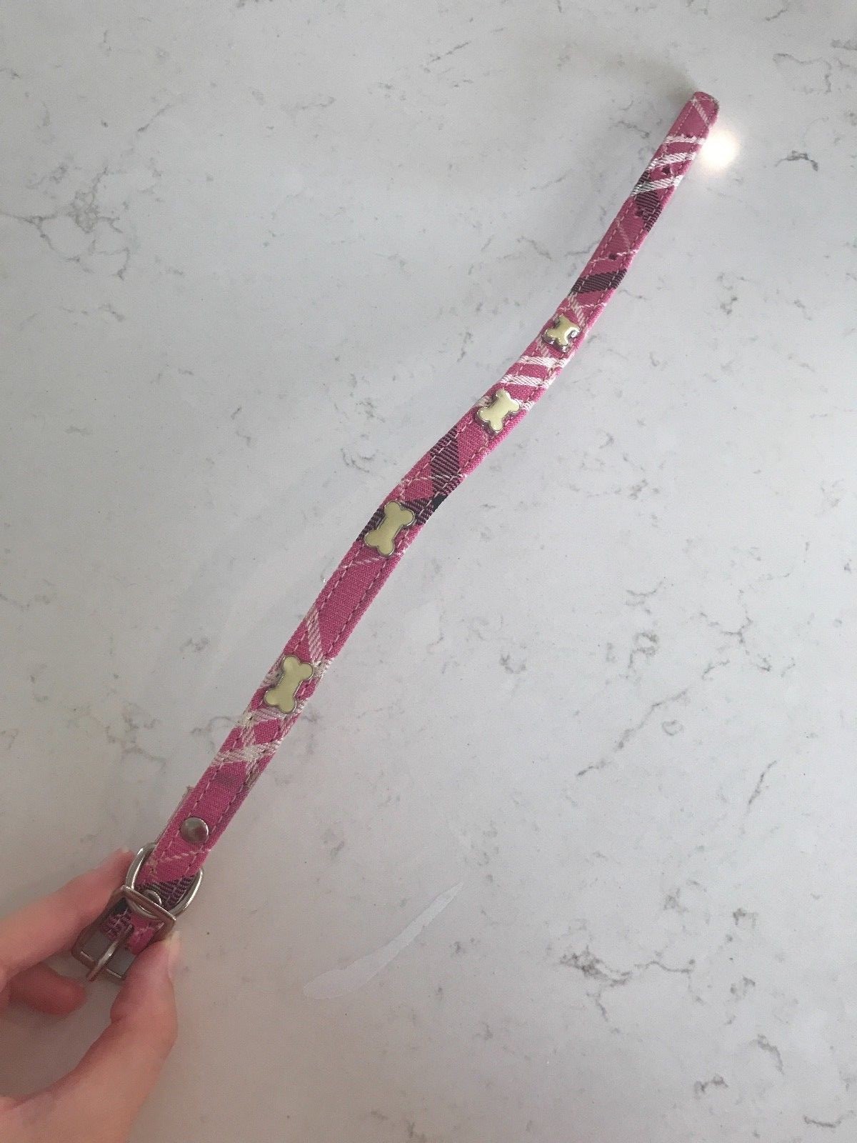 Dog Puppy Collar Nacklace Bone Pink Plaid Leather 15 inch Small