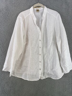 E-COL-O-GIE Shirt Women's 1X Button White 100% Linen Embroidered Roll Ups Boho