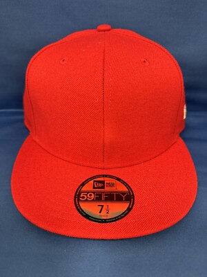 New Era 59Fifty Blank Fitted Baseball Flat Bill Brim Adult Hat Red Cap Sz 7 1/2
