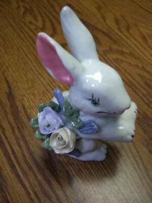 Easter Rabbit White Ceramic Figurine Raised Floral Accents 5.25'' Tall