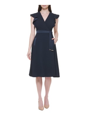 TOMMY HILFIGER Womens Navy Tie-waist Flutter Sleeve Fit + Flare Dress 6