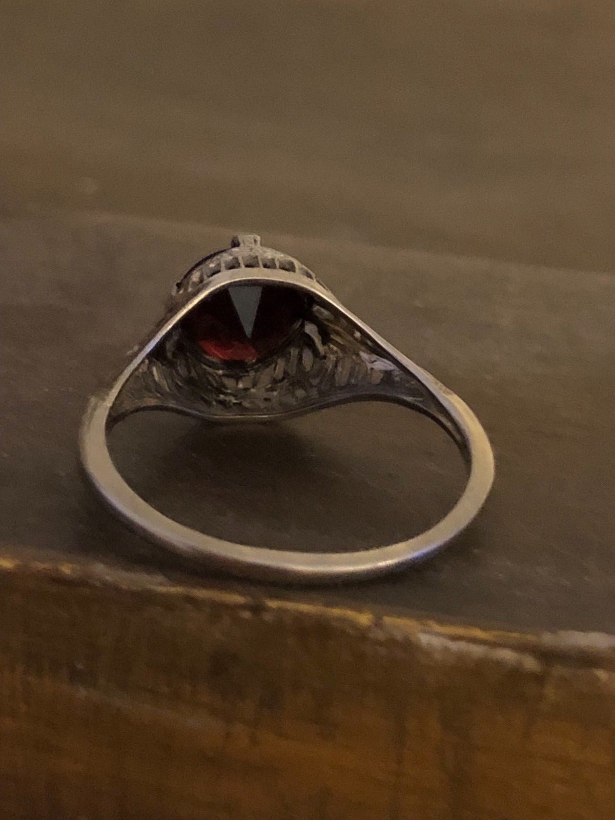 Vintage 10K White Gold & Garnet Art Deco Ring Size 8.5