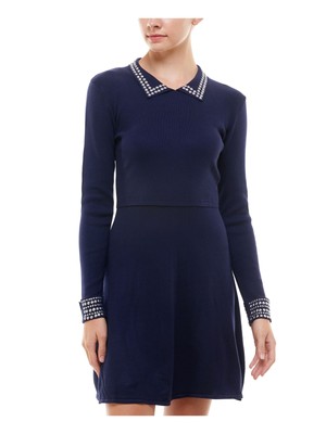 

Rosie Harlow Womens Navy Polo Long Sleeve Short Fit + Flare Dress Juniors