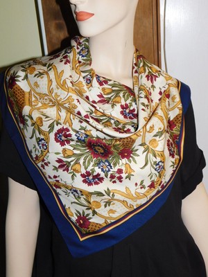 Vintage Large 33quot Sq Scarf Classic Floral design Navy Blue Burgundy Gold Vintage Large 33quot Sq Scarf Classic Floral design Navy Blue Burgundy Gold