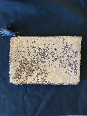 NEW /IPSY Lined makeup tote 5x7.  Zipper Bag In Gold Sequins W/ Leather Back.