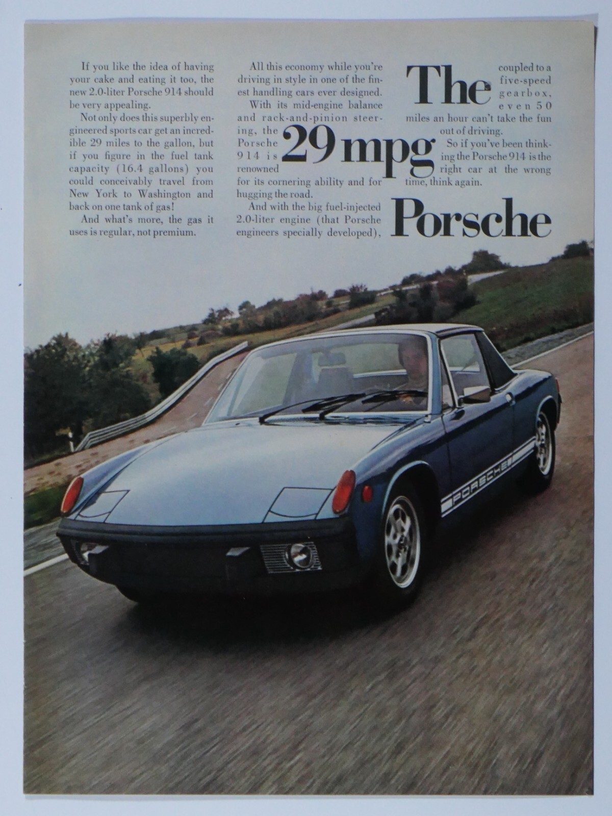 1974 Porsche 914 Vintage 29 MPG Blue Original Print Ad 8.5 x