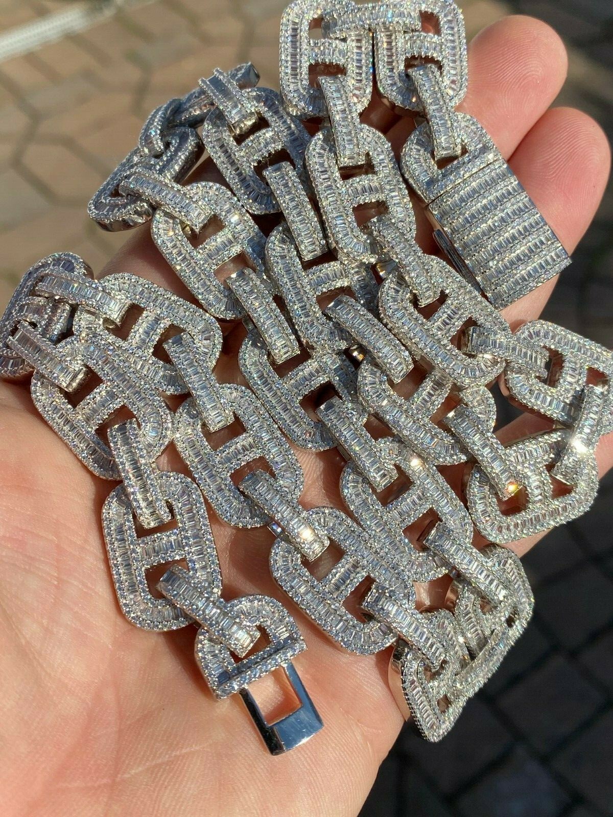 Pre-owned Silver Solid 925 Sterling  Baguette Gucci Link Chain Iced 15mm Thick Bust Down Cz In White/colorless