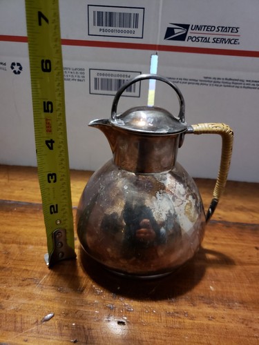 Vintage LBS CO 1866 Silver Plate tea pot pitcher Lawrence B Smith Wicker Handle