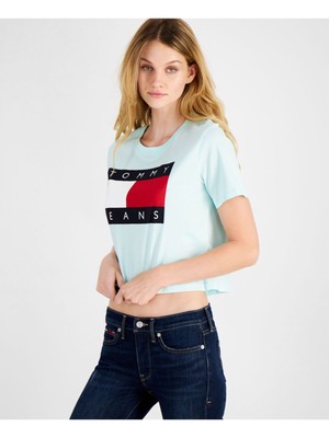 

Женский укороченный топ с короткими рукавами и круглым вырезом TOMMY JEANS цвета морской волны с логотипом, Aqua