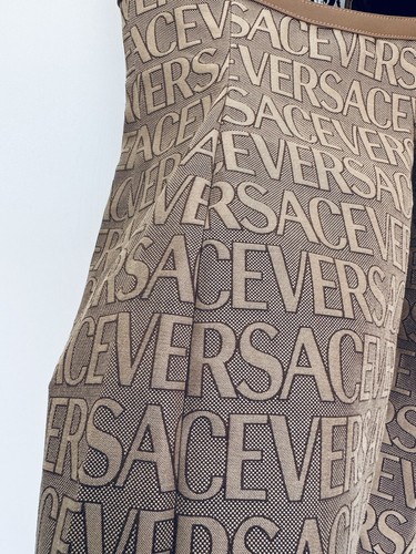 Pre-owned Versace Logo Print Cut Out Monogram Mini Dress Leather Trims It 40 Us 4 $3050 In Brown Tan