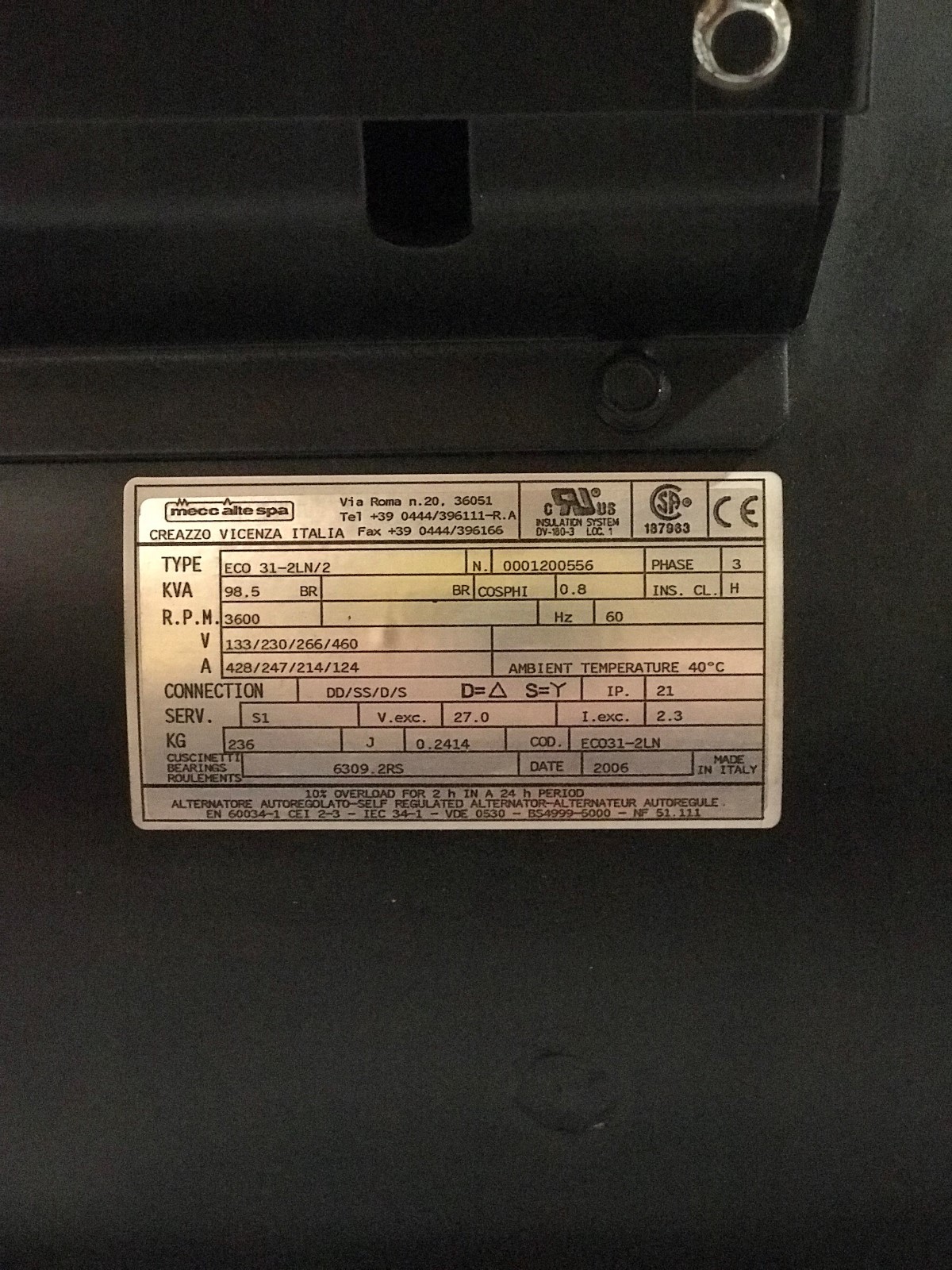 Meccalte 98kva 3600 RPM Generator