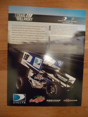 CRAIG DOLLANSKY 8 1/2 X 11 AUTOGRAPHED WORLD OF OUTLAWS DRIVER PHOTO CARD