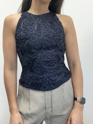 Carmen Marc Valvo Navy Blue Soutache High Neck Fitted Zip Back Party Top Size 4