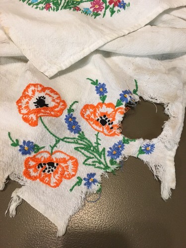 3 VINTAGE EMBROIDERED TEA TOWELS STAINED TORN RECYCLE ARTS CRAFTS ONE UNUSED B52