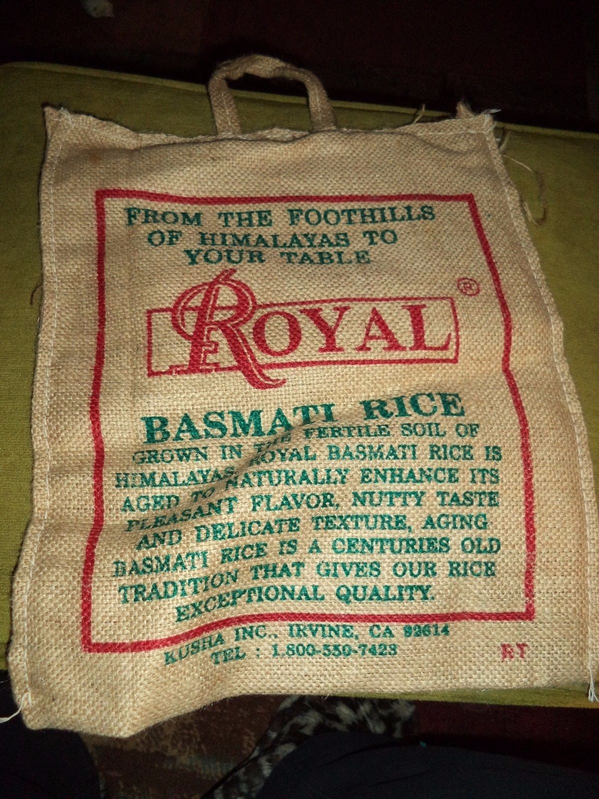 Empty Royal Basmati Himalayan 10 pound Rice Burlap Bag, Zippered w Handle