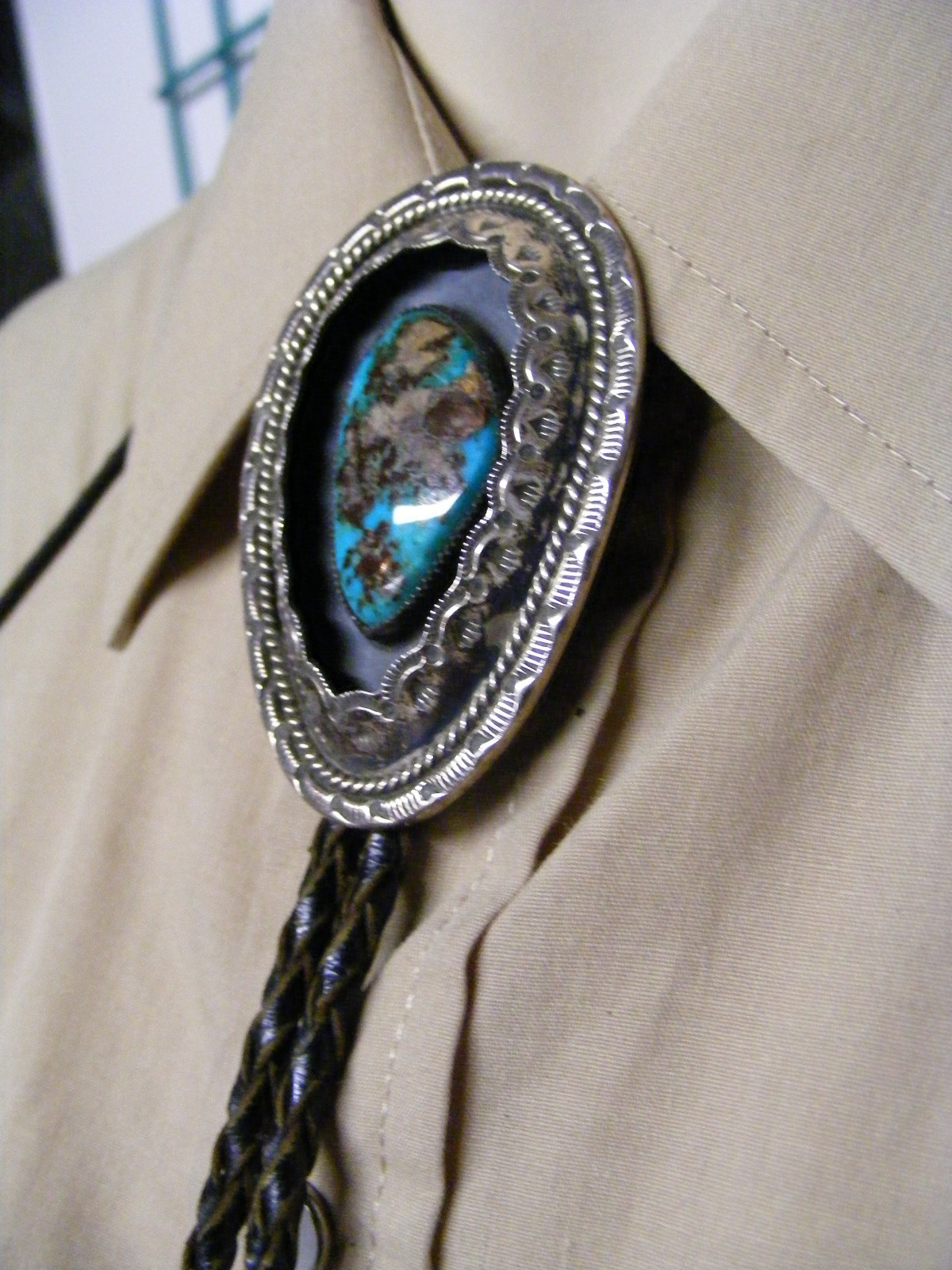 Vintage TEDDY GOODLUCK Sterling Silver Shadowbox Turquoise Navajo Bolo-VG