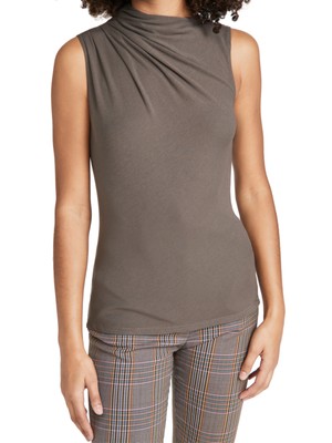 

THEORY Женский серый топ в рубчик со складками на плечах без рукавов и воротником-стойкой