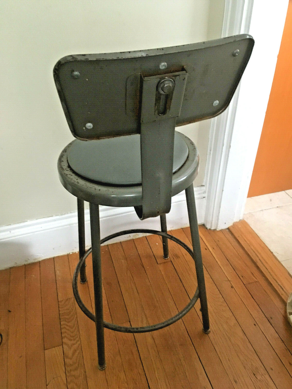 Vtg Krueger MC Industrial Era Metal Stool Back Work Chair Grey Drafting Medical