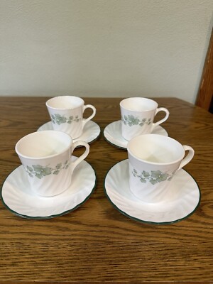 Set of 4 ~ Vintage Corelle Callaway Green Ivy Swirl Corning Cup & Saucer Sets