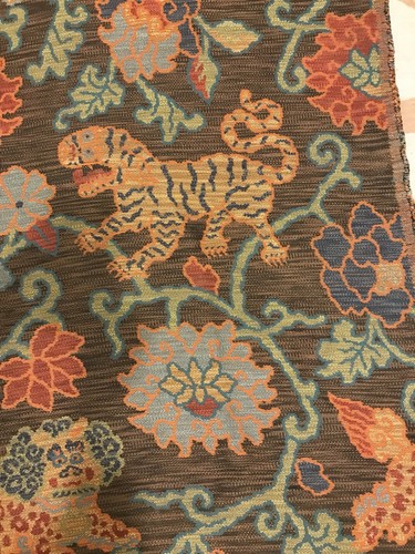 Dragon And Foo Dog Tapestry Upholstery Fabric Orange Brown And Aqua 2 Yds