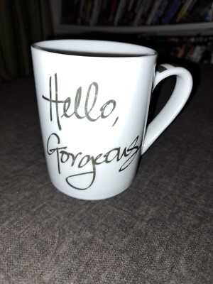Hello, Gorgeous! Pier 1 Imports White Gold Porcelain Coffee Mug Tea Cup 12oz