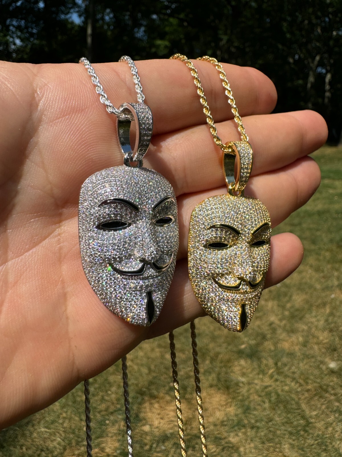 Pre-owned Hip Hop Real Moissanite V For Vendetta Mask Iced Anonymous Pendant Necklace 925 Silver In White
